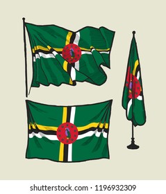 Flag of Dominica on the wind and on the wall illustration set