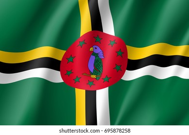 Flag Dominica realistic icon. State insignia of the nation in realistic style on the entire page. Waving state flag. National symbol in the form of a vector illustration
