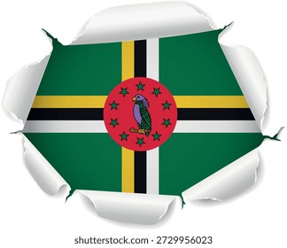 Flag of Dominica. Flag Revealed Through Torn Paper Hole with Realistic Curled Edges over a transparent background. The ripped edges curl outward with realistic shadows and depth, creating a striking reveal effect