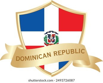 Flag of dominican republic as around the metal gold shield with dominican republic flag