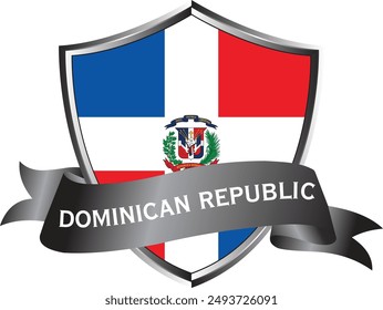 Flag of dominican republic as around the metal silver shield with dominican republic flag