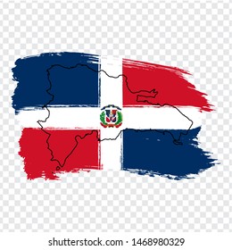 Flag of Dominican Republic from brush strokes and Blank map Dominican Republic. High quality map Dominican Republic and flag on transparent background. Stock vector. Vector illustration EPS10.