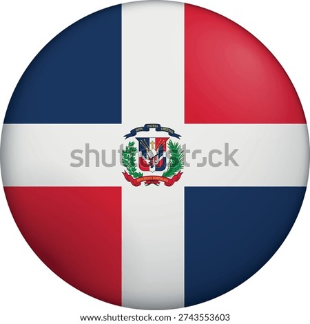 Flag of Dominican Republic. Glossy circular flag. Button appearance. 3D Icon Design with depth. Professional, tactile look. Perfect for representing national identity in digital interfaces and perfect for websites