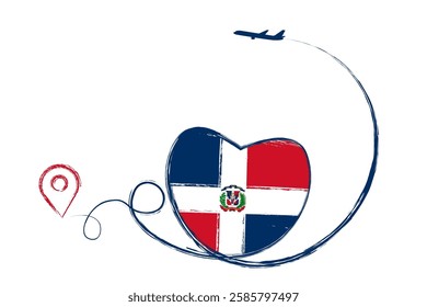 Flag Dominican Republic. Heart, love romantic travel. Symbol of airplane, air plane, aircraft, aeroplane, flying, fly jet airline. Line path. Vector location pointer route. Travel concept