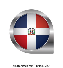 Flag of Dominican Republic, location map pin, pointer flag, button with the reflection of light and shadow, silver frame, Icon country. Realistic vector illustration on white background.