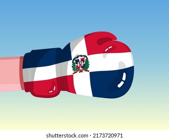 Flag of Dominican Republic on boxing glove. Confrontation between countries with competitive power. Offensive attitude. Separation of power. Template ready design.