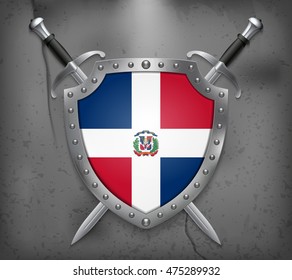 Flag of Dominican Republic. The Shield Has Flag Illustration. Two Crossed Swords that are Behind the Shield. Vector Medieval Background