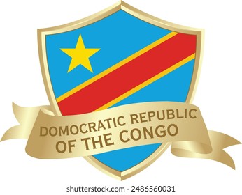 Flag of domocratic republic of the congo as around the metal gold shield with domocratic republic of the congo flag