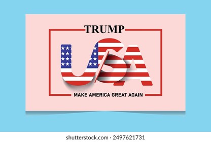 Flag with Donald Trump 2024 presidential election campaign logo waving in front blurred US congress. Illustrative editorial 3d illustration render