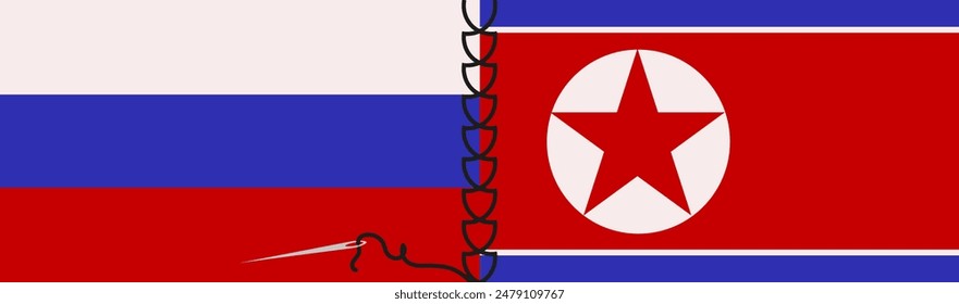 The flag of the DPRK and Russia sewn with thread. Friendship between North Korea and Russia concept. Vector illustration. Editable stroke. EPS 10