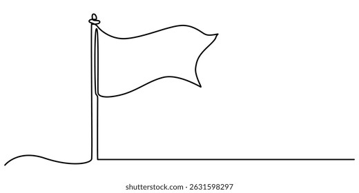 flag drawing continuous one line drawing, One line drawing of a flag. Editable continuous line. Vector illustration, Outline billowing flag. Hand drawn one line graphic isolated icon. Editable stroke.