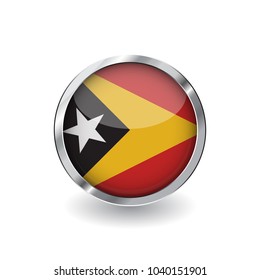 Flag of east timor, button with metal frame and shadow. east timor flag vector icon, badge with glossy effect and metallic border. Realistic vector illustration on white background.
