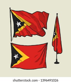 Flag of East Timor on the wind and on the wall - vector drawing illustration set