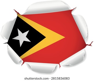 Flag of East Timor. Flag Revealed Through Torn Paper Hole with Realistic Curled Edges over a transparent background. The ripped edges curl outward with realistic shadows and depth, creating a striking reveal effect