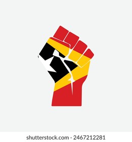 Flag of East Timor in the shape of raised hand sign isolated on background. Fist symbol modern, simple, vector, icon for website design, mobile app, ui. Vector Illustration