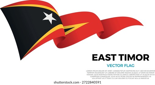 Flag of East Timor. Timorese and Austral Culture. Set against a clean white background with country name and copy space. A shining vector flag rendered in three layers that create a dynamic waving effect with realistic shadows and gradients. The elegant curves and realistic shading create a sense of motion, making it ideal for official themes, international projects, travel materials and cultural presentations