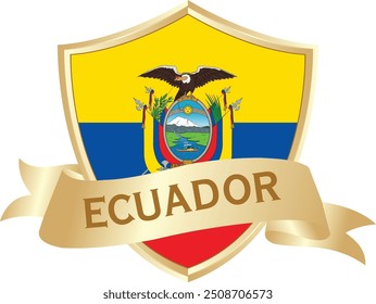 Flag of Ecuador as around the metal gold shield with Ecuador flag