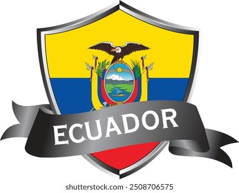 Flag of Ecuador as around the metal silver shield with Ecuador flag