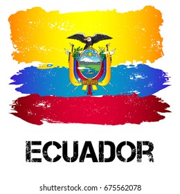 Flag Of Ecuador From Brush Strokes In Grunge Style Isolated On White Background. Country In South America. Latin America. Vector Illustration