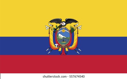 Flag of Ecuador with coat of arms. Vector. Accurate dimensions. page symbol for your web site design Ecuador flag logo, app, UI. Ecuador flag Vector illustration, EPS10.