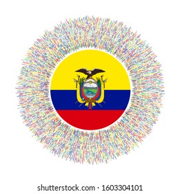 Flag of Ecuador with colorful rays. Radiant country sign. Shiny sunburst with Ecuador flag. Superb vector illustration.