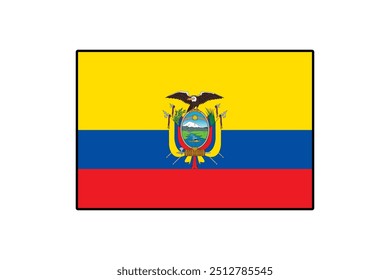 A bandeira do Equador apresenta três listras horizontais em amarelo, azul e vermelho, com um emblema central representando um escudo. Este desenho reflete a história e a identidade do país.