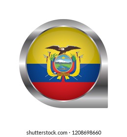 Flag of Ecuador, location map pin, pointer flag, button with the reflection of light and shadow, silver frame, Icon country. Realistic vector illustration on white background.