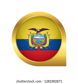 Flag of Ecuador, location map pin, pointer flag, button with the reflection of light and shadow, gold frame, Icon country. Realistic vector illustration on white background.