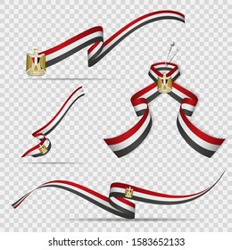 Flag of Egypt. 23rd of july. Set of realistic wavy ribbons in colors of egyptian flag on transparent background. Independence day. National symbol. Coat of arms. Eagle of Saladin. Vector illustration.