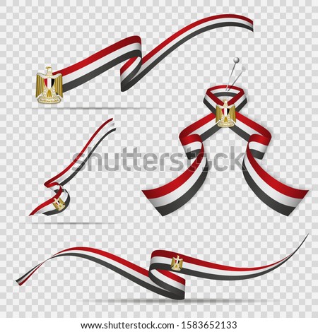 Flag of Egypt. 23rd of july. Set of realistic wavy ribbons in colors of egyptian flag on transparent background. Independence day. National symbol. Coat of arms. Eagle of Saladin. Vector illustration.
