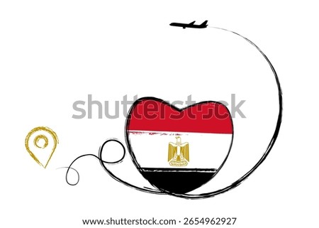 Flag of Egypt. Heart, love romantic travel. Symbol of airplane, air plane, aircraft, aeroplane, flying, fly jet airline. Line path. Vector location pointer route. Travel for your site design. EPS10.