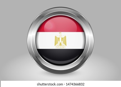 Flag of Egypt. Metal and Glass Round Vector Icon. Isolated on Gray