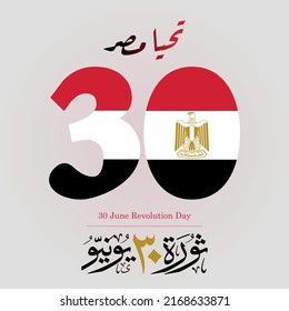 Flag of Egypt on 30 numbers gray background for Egypt revolution celebration day Arabic calligraphy in Thulth style. Translated: 30 June Revolution Day.