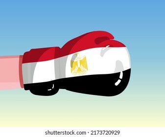 Bandera de Egipto en guante de boxeo. Enfrentamiento entre países con poder competitivo. Actitud ofensiva. Separación del poder. Diseño preparado para plantillas.