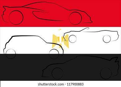 The flag of Egypt with the outlines of many cars of different types