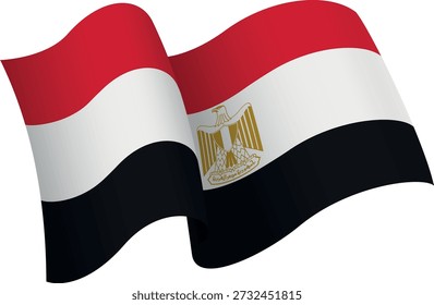 Bandeira do Egito. Bandeira estilo fita que transmite uma sensação de movimento e efeito de ondulação. As curvas elegantes e sombreamento realista criam uma sensação de movimento. Ideal para projetos internacionais, materiais de viagem e apresentações culturais.