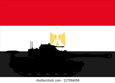 The flag of Egypt with the silhouette of a tank