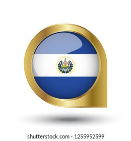 Flag of EI Salvador, location map pin, pointer flag, button with the reflection of light and shadow, gold frame, Icon country. Realistic vector illustration on white background.