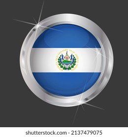 Flag of El Salvador in circle. 3D effect. Glossy and shiny button with metal frame and sparkles. Light reflection. Round Graphic design element. Isolated on gray background. Vector image EPS 10. 