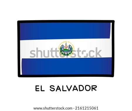 Flag of El Salvador. Colorful Salvadoran flag logo. Blue and white brush strokes, hand drawn. Black outline. Vector illustration isolated on white background.