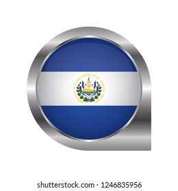 Flag of El Salvador, location map pin, pointer flag, button with the reflection of light and shadow, silver frame, Icon country. Realistic vector illustration on white background.