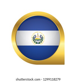 Flag of El Salvador, location map pin, pointer flag, button with the reflection of light and shadow, gold frame, Icon country. Realistic vector illustration on white background.