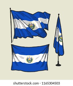 flag of El Salvador on the wind and on the wall hand drawn illustration set