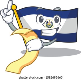 Flag el salvador Scroll cartoon character holding menu ready to serve