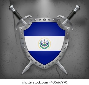Flag of El Salvador. The Shield Has Flag Illustration. Two Crossed Swords that are Behind the Shield. Vector Medieval Background