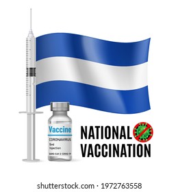 Flag of El Salvador with Vaccine Immunization Syringe and the Vial of Antibiotic for Vaccination. Concept of Health Care and National Vaccination with Salvadoran flag