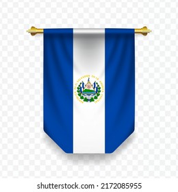 Bandera de El Salvador. Ilustración vectorial de una bandera vertical colgante sobre un fondo transparente (PNG).