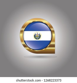 Flag of El-Salvador, button with the reflection of light and shadow, gold frame, Icon country. Realistic vector illustration on gray background.