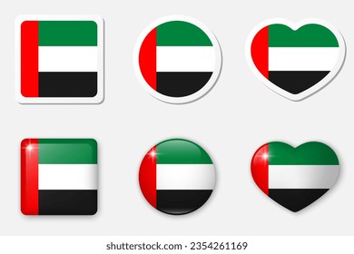 Flag of Emirates icons collection. Flat stickers and 3d realistic glass vector elements on white background with shadow underneath.