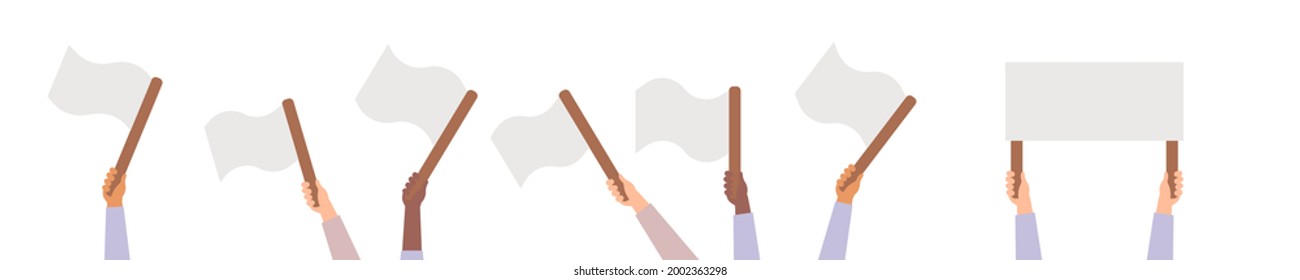 Flag Empty Flat Mockup In Human Hands, Flags Blank Banner Hand Holding Vector Illustration.